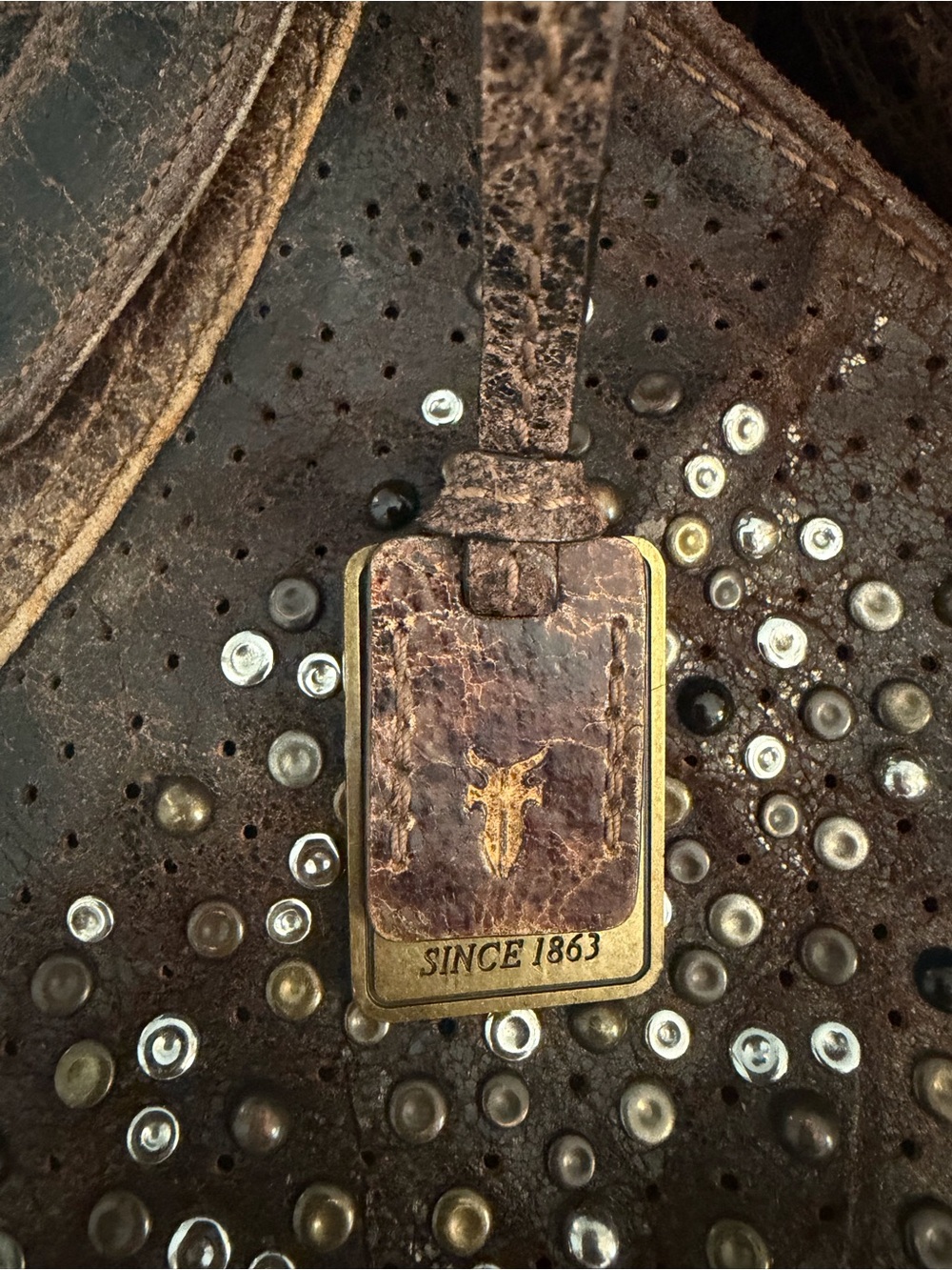 Frye Deborah Studded Distressed Brown Leather Shoulder Bag - Picture 12 of 13